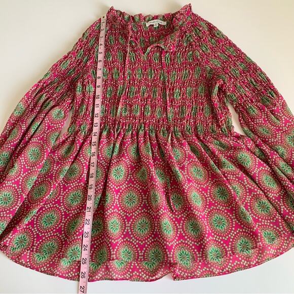 Rose + Olive Pink and Green Boho Smocked Long Sleeve Blouse Medium - Picture 4 of 9